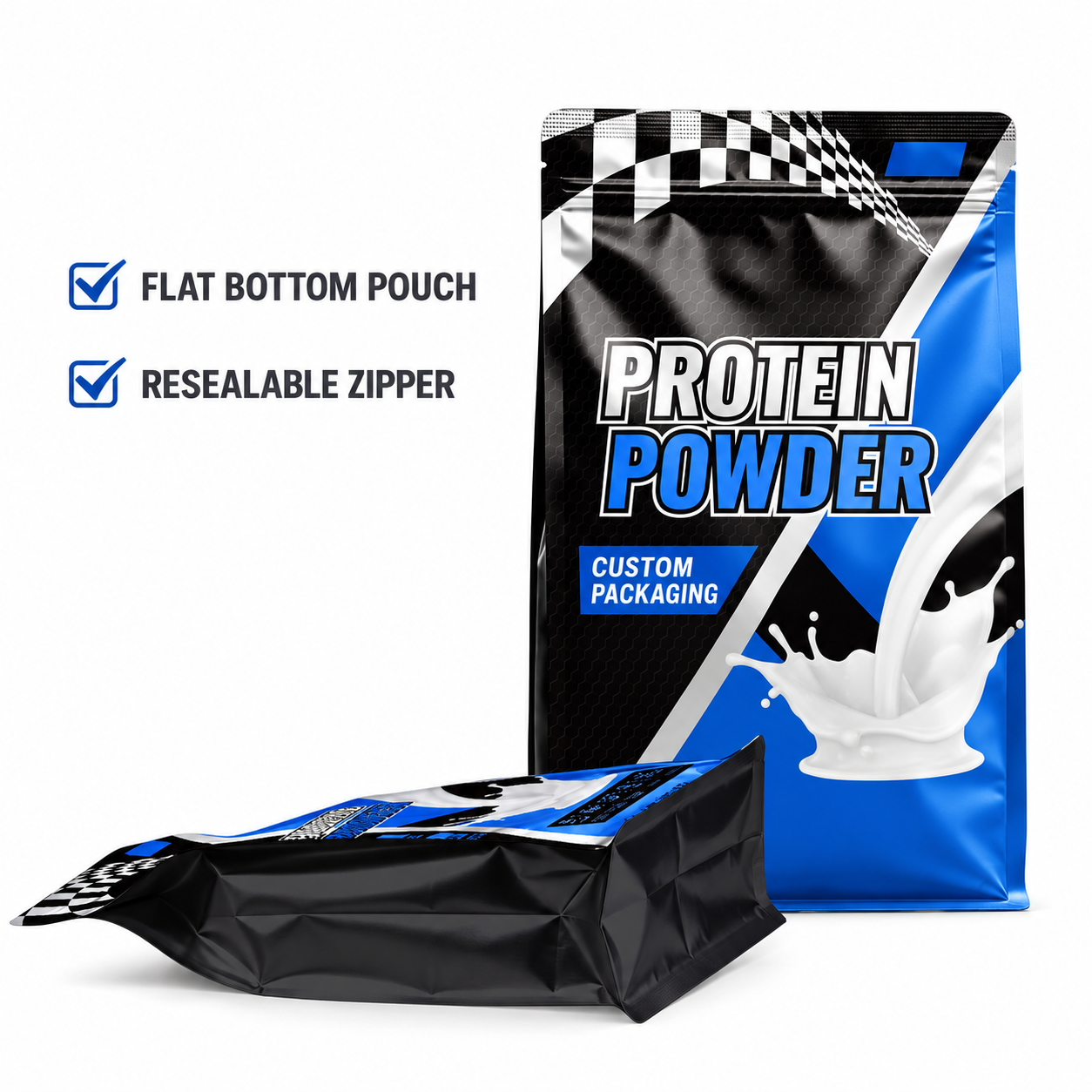 Unbranded blue protein powder flat bottom pouch packaging with resealable zipper